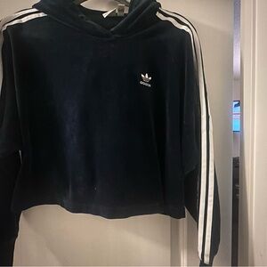 Adidas 3stripe blue velour cropped hoodie